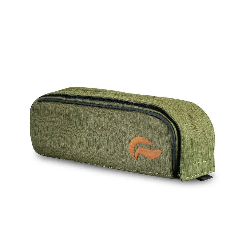 Olive green travel case with zipper closure and orange logo, angled view