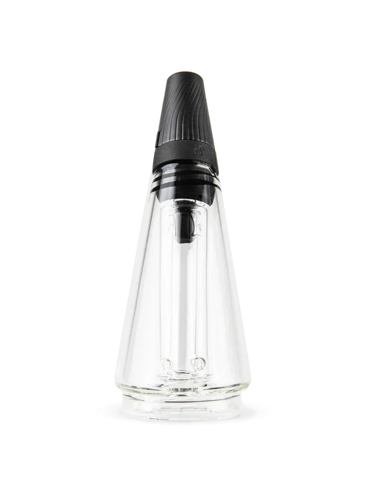 Clear glass travel water pipe with black silicone top against white background