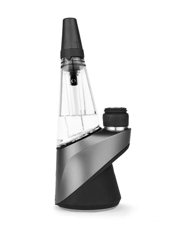 Modern electronic dab rig with clear glass chamber and black mouthpiece on white background