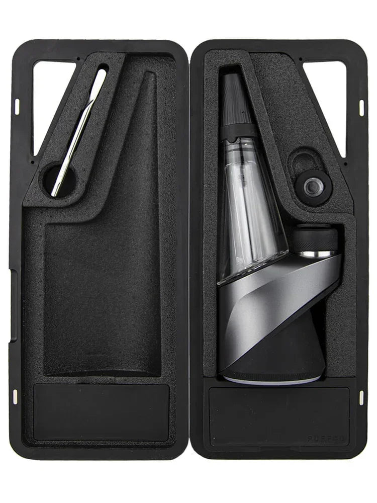 Travel case with glass vaporizer and metal tool in protective foam insert