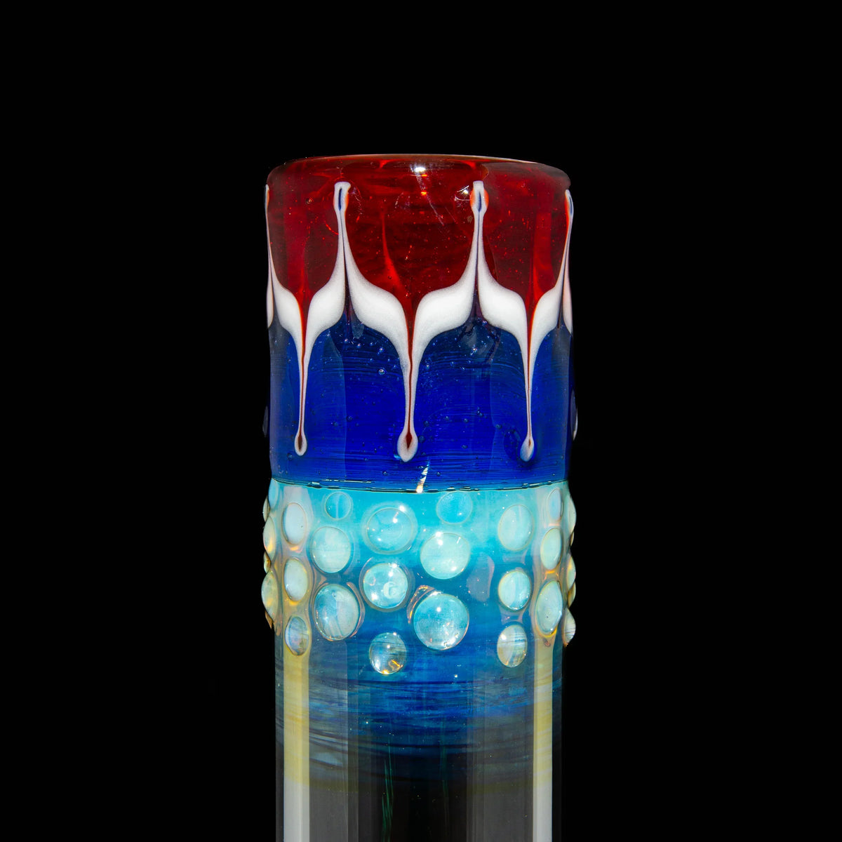 Close-up of a fumed glass bong neck with red, blue, and white color accents and raised bubble details