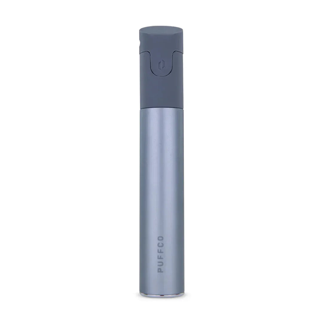 Sleek silver Puffco vaporizer pen with dark gray mouthpiece on a white background