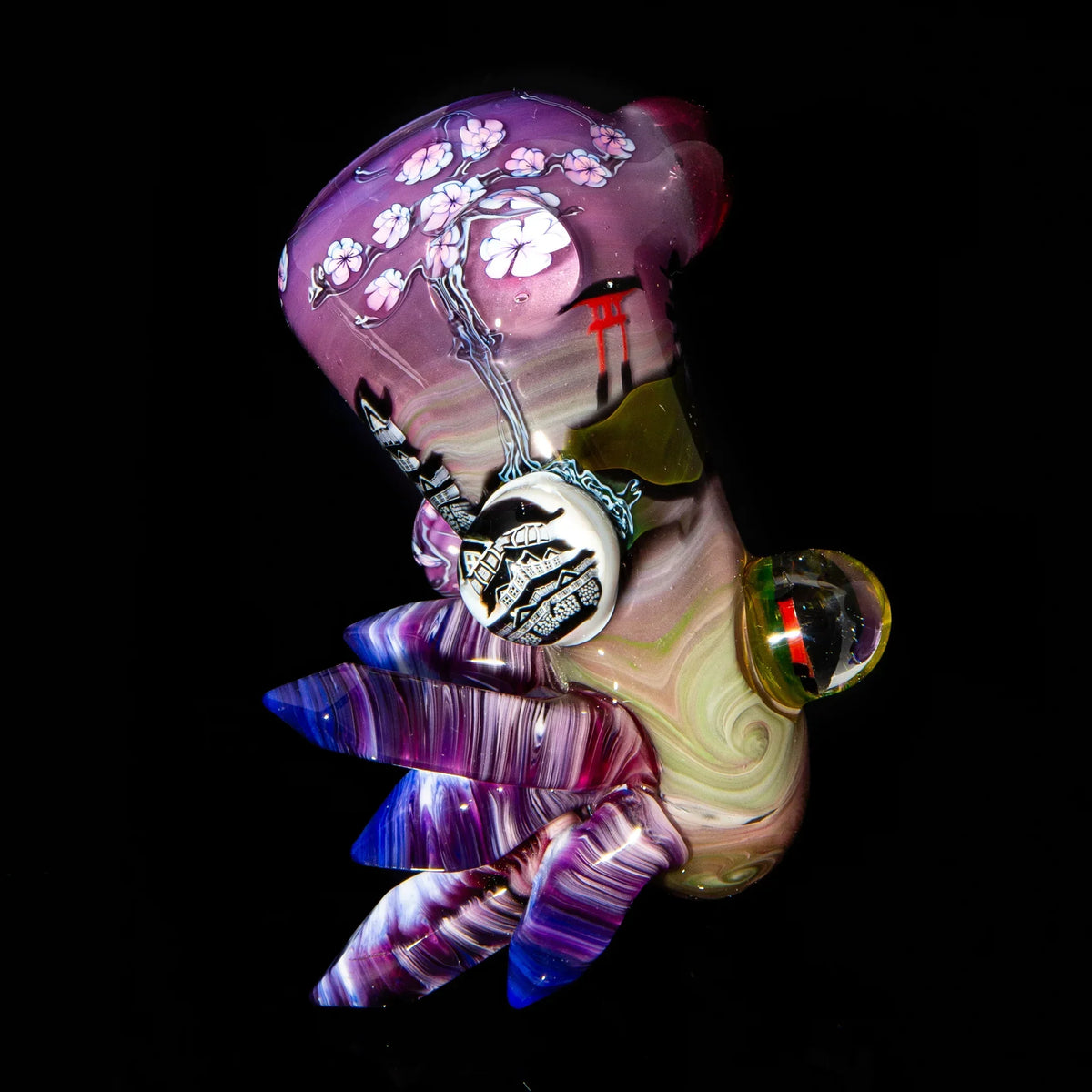 Hand-blown glass pipe with cherry blossom art, purple swirls, and Japanese scenery details