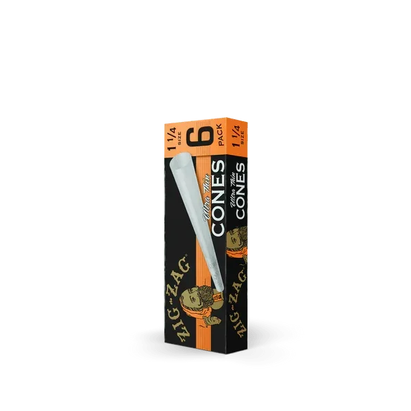 Zig-Zag 1 1/4 ultra thin pre-rolled cones 6 pack, black and orange box