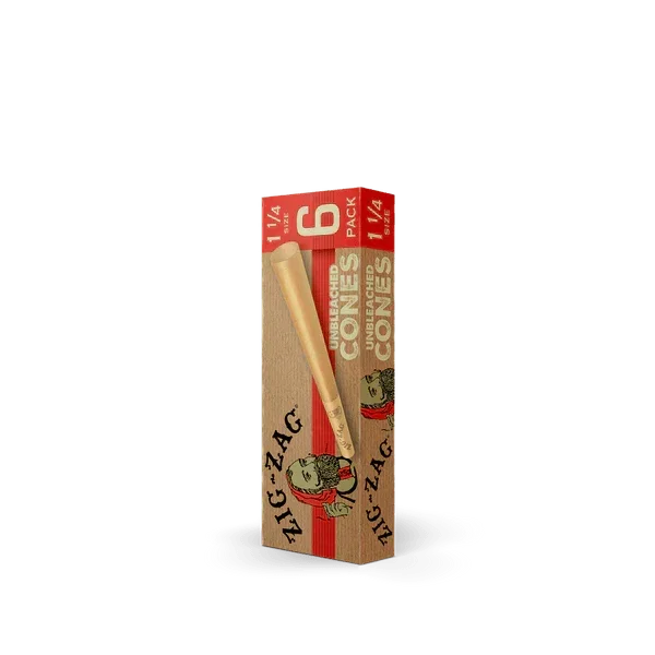Zig-Zag 1 1/4 unbleached pre-rolled cones 6-pack in box with red accents