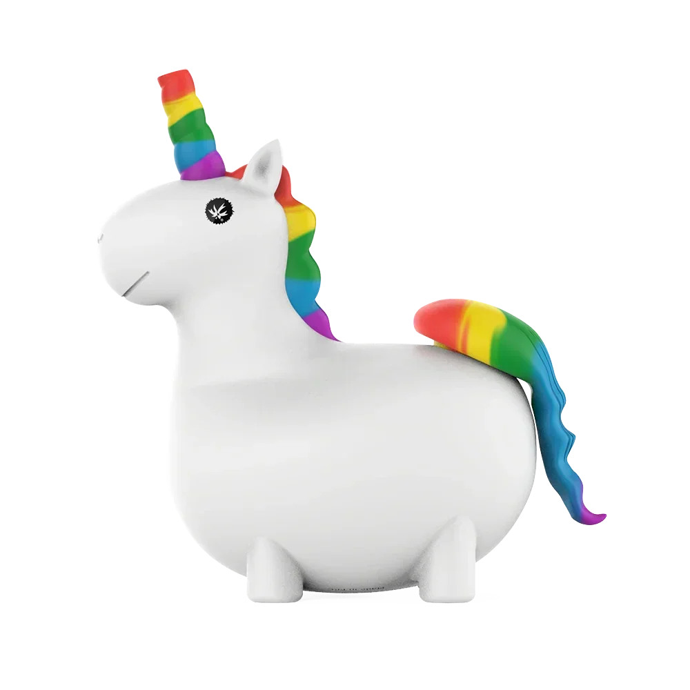 White unicorn-shaped novelty glass pipe with rainbow horn and mane, colorful smoking accessory