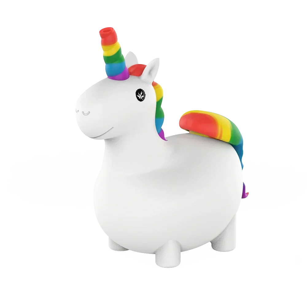 White unicorn-shaped silicone smoking accessory with rainbow horn, mane, and tail.
