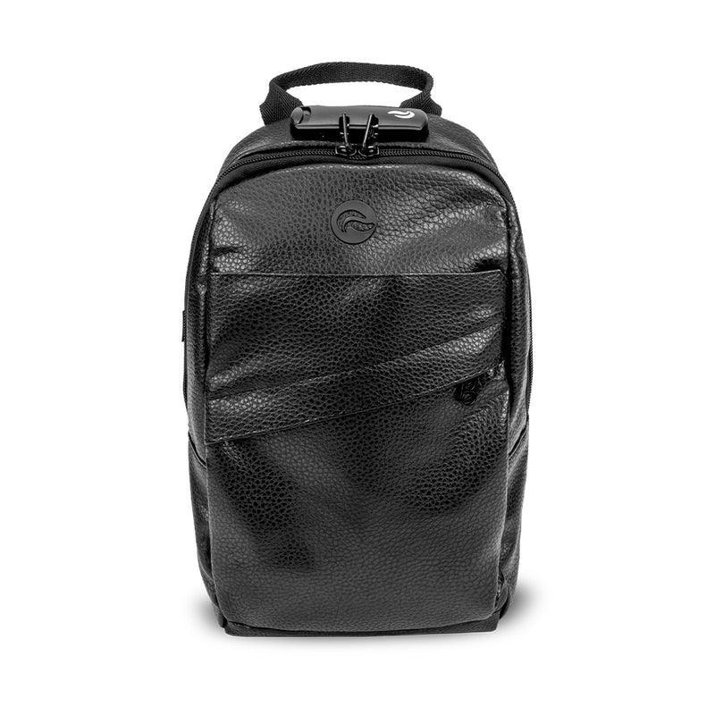 Black textured leather smell-proof backpack with secure top lock and front zipper pocket