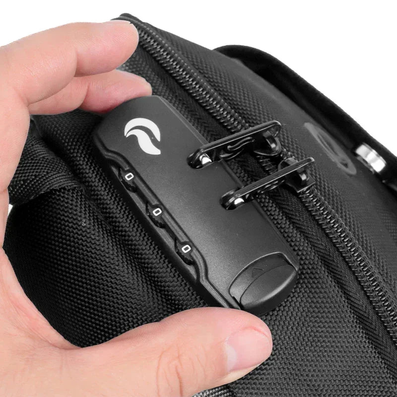 Close-up of a black smell-proof bag with a combination zipper lock and textured fabric
