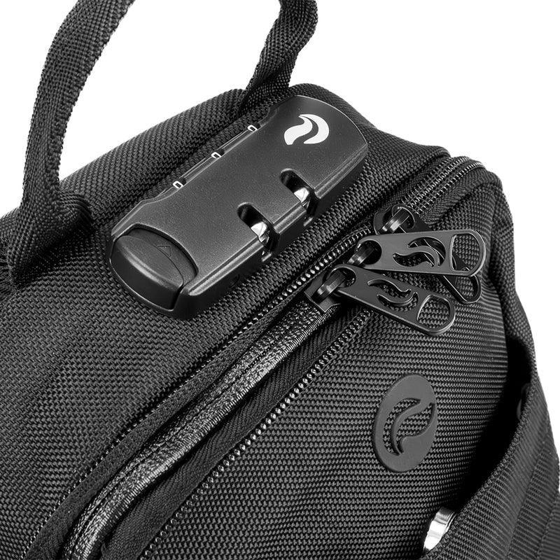 Black smell-proof bag with combination lock and dual zipper security