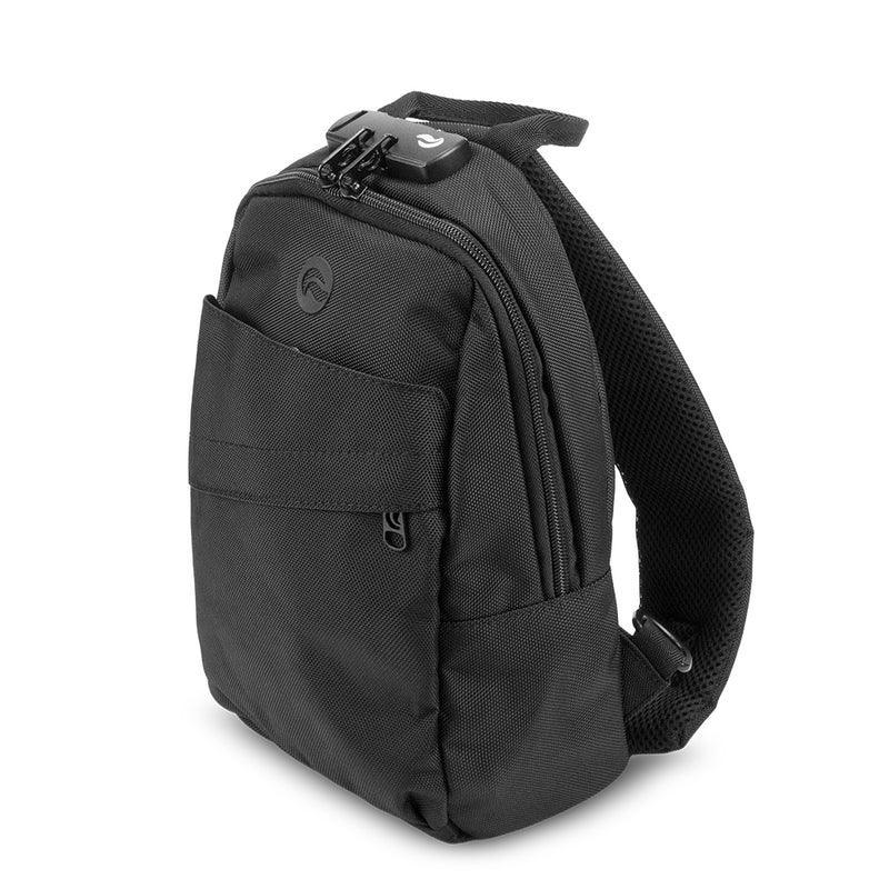 Black smell proof crossbody sling bag with lock, front pocket, and padded strap