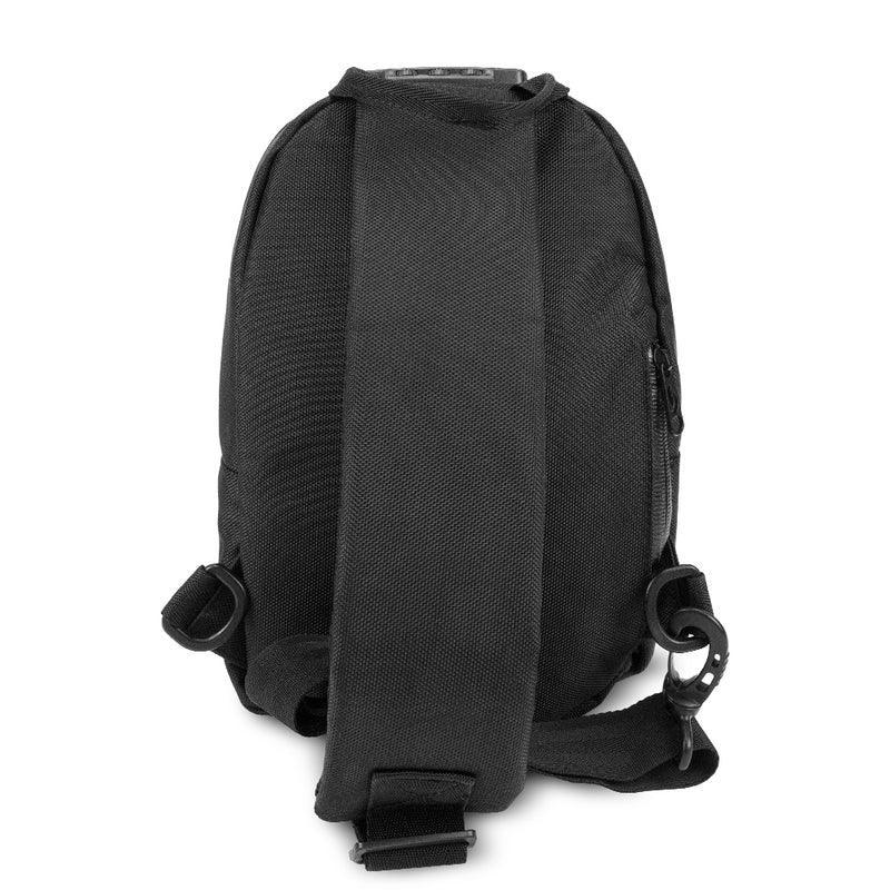 Back view of black sling backpack with padded strap and side zipper pocket