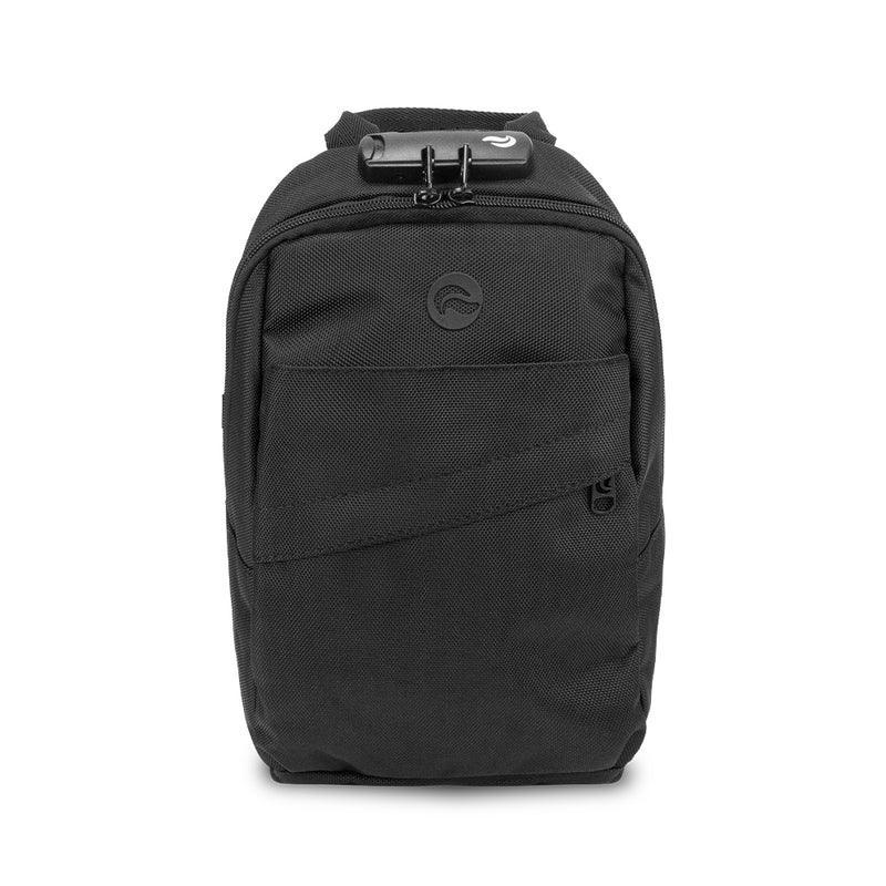 Black odor-proof backpack with lock, front zipper pocket and discreet design