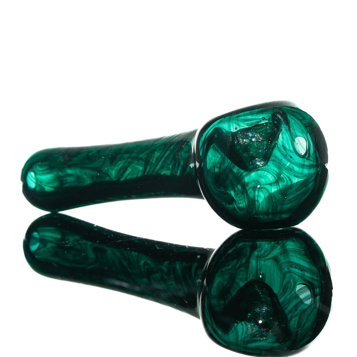 Emerald green glass hand pipe with reflective swirl pattern on white background