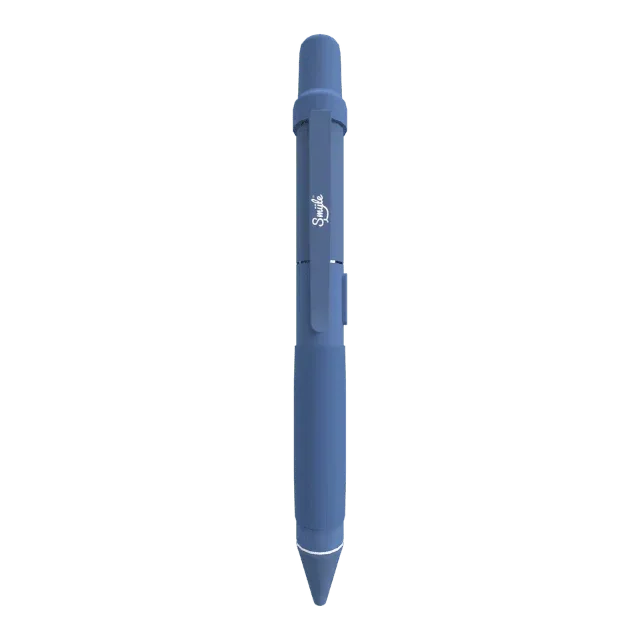 Blue retractable ballpoint pen with clip, white accent, and visible logo on barrel