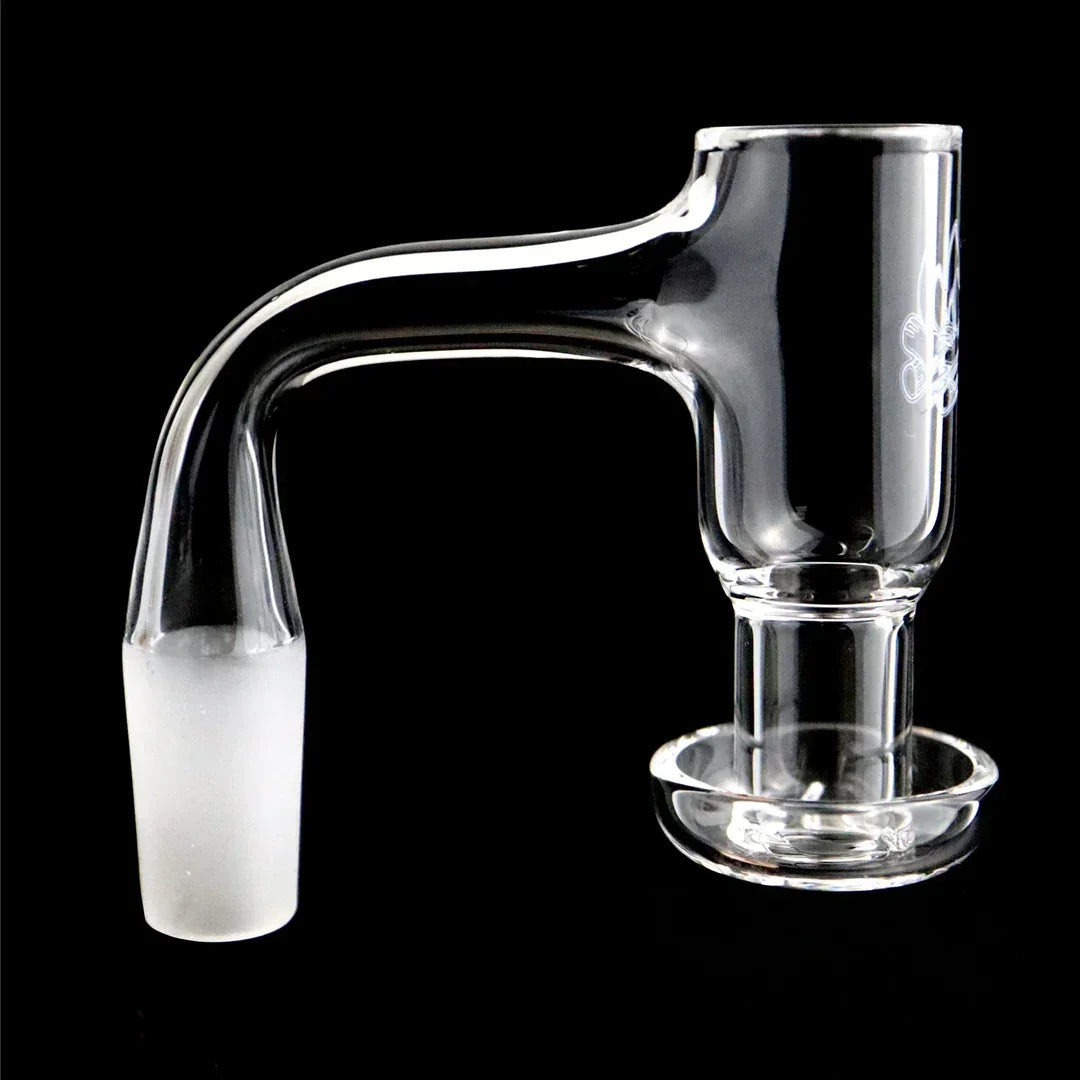 Clear quartz glass banger nail for dab rig or water pipe, side view on black background.