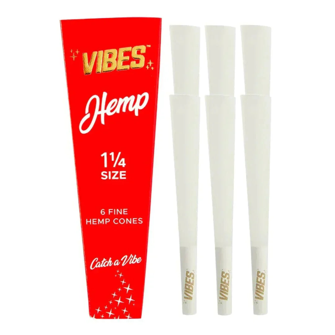 Vibes Hemp 1.25 size pre-rolled cones pack with three white hemp cones displayed