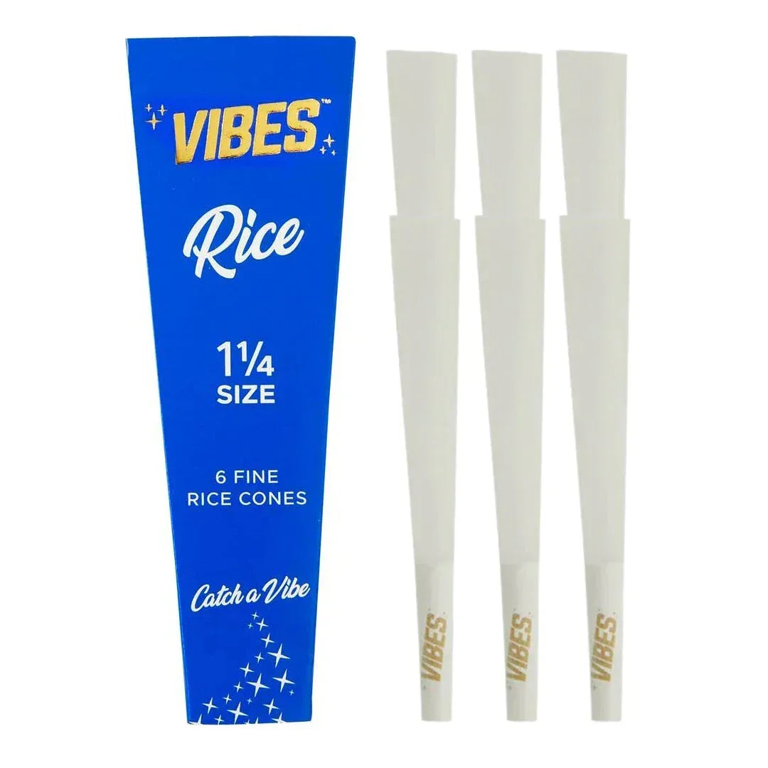 Vibes 1.25 size rice rolling paper cones with blue packaging and three white cones