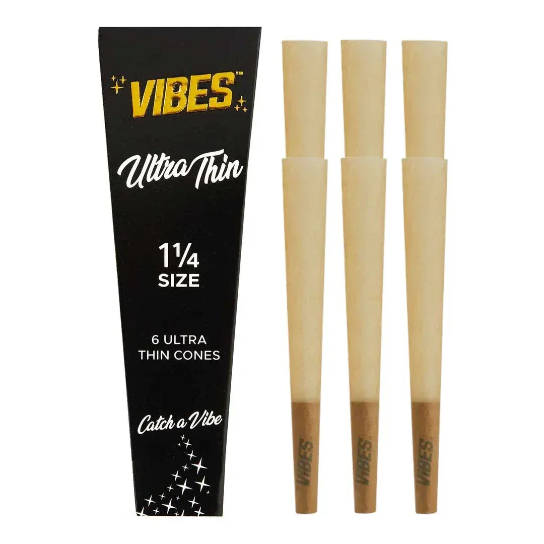 Vibes Ultra Thin 1 1/4 size pre-rolled cones pack and three unfilled cones.