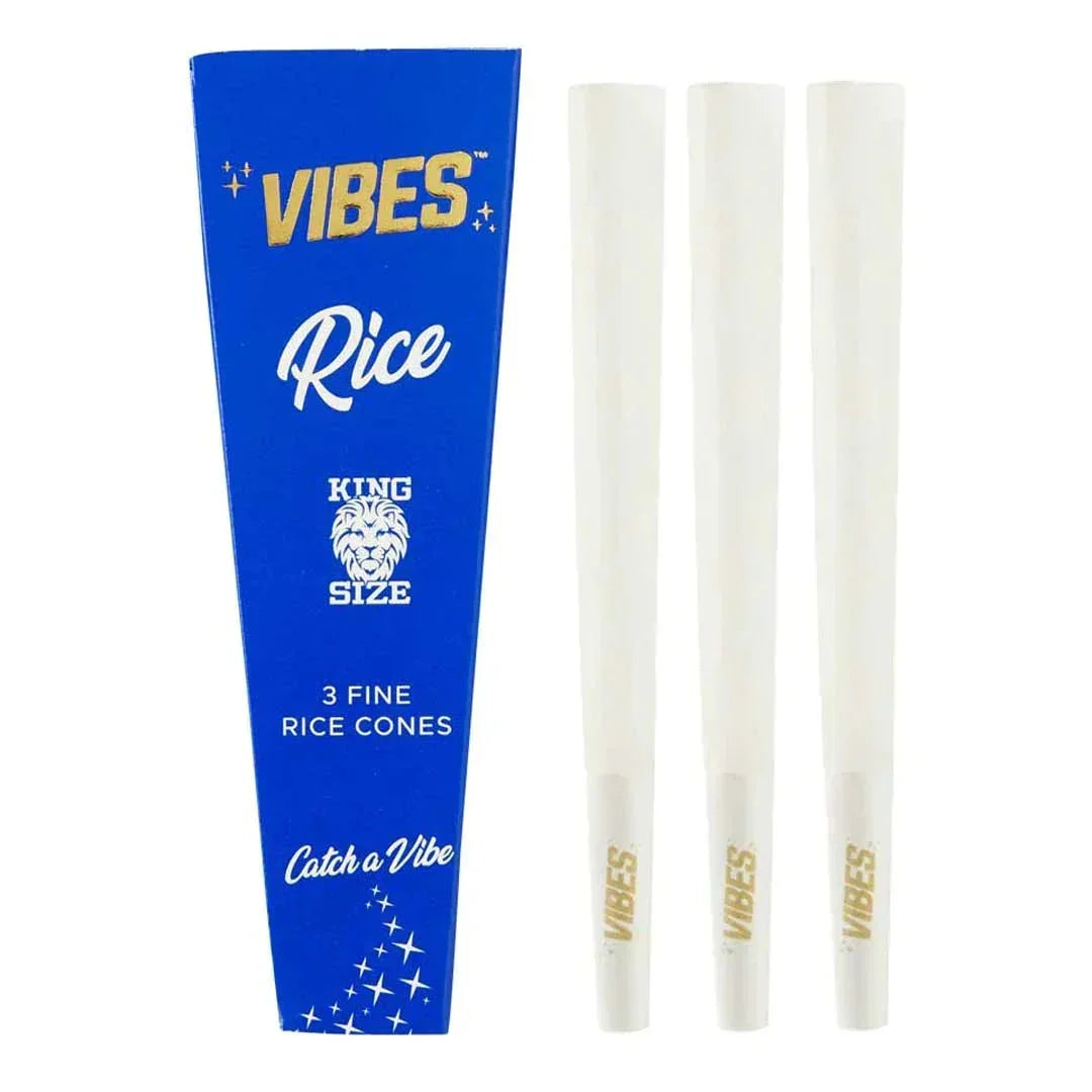 Vibes King Size Rice Cones pack with three pre-rolled rice paper cones.