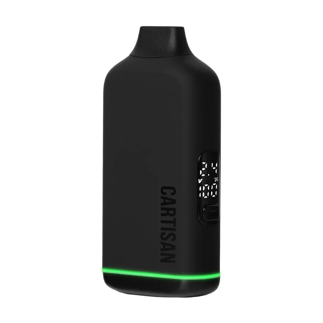 Black Cartisan portable vaporizer with display screen and green LED light band