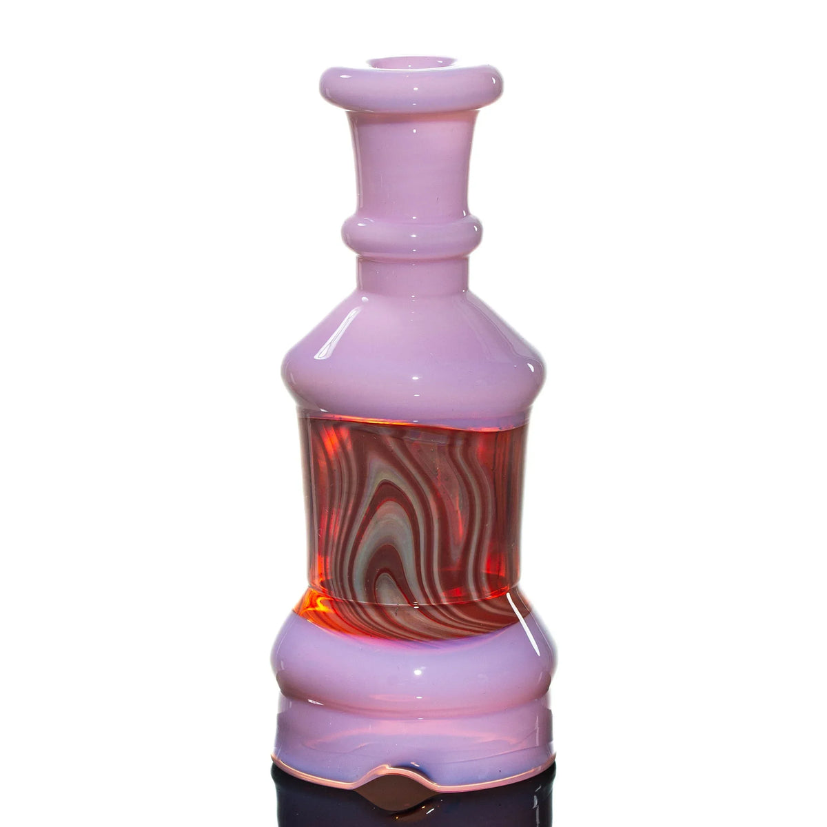 Pink heady glass water pipe with red and white swirl design on white background