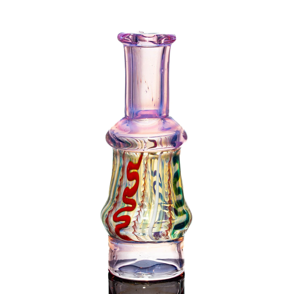 Hand-blown glass water pipe with colorful swirling patterns on a clear base