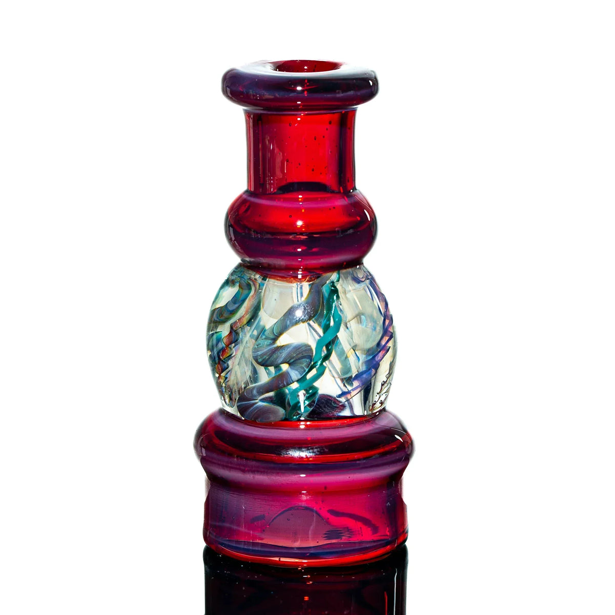 Hand-blown red glass pipe top with colorful swirl accents for smoking accessories