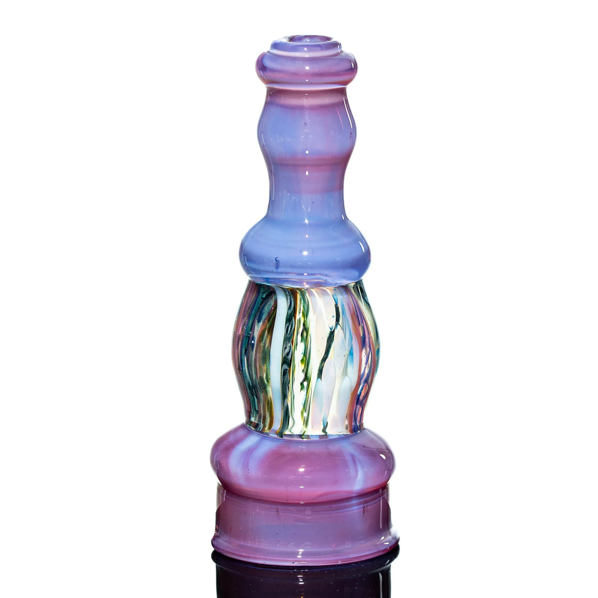 Colorful handblown glass pipe with twisted patterns, displayed on a white background