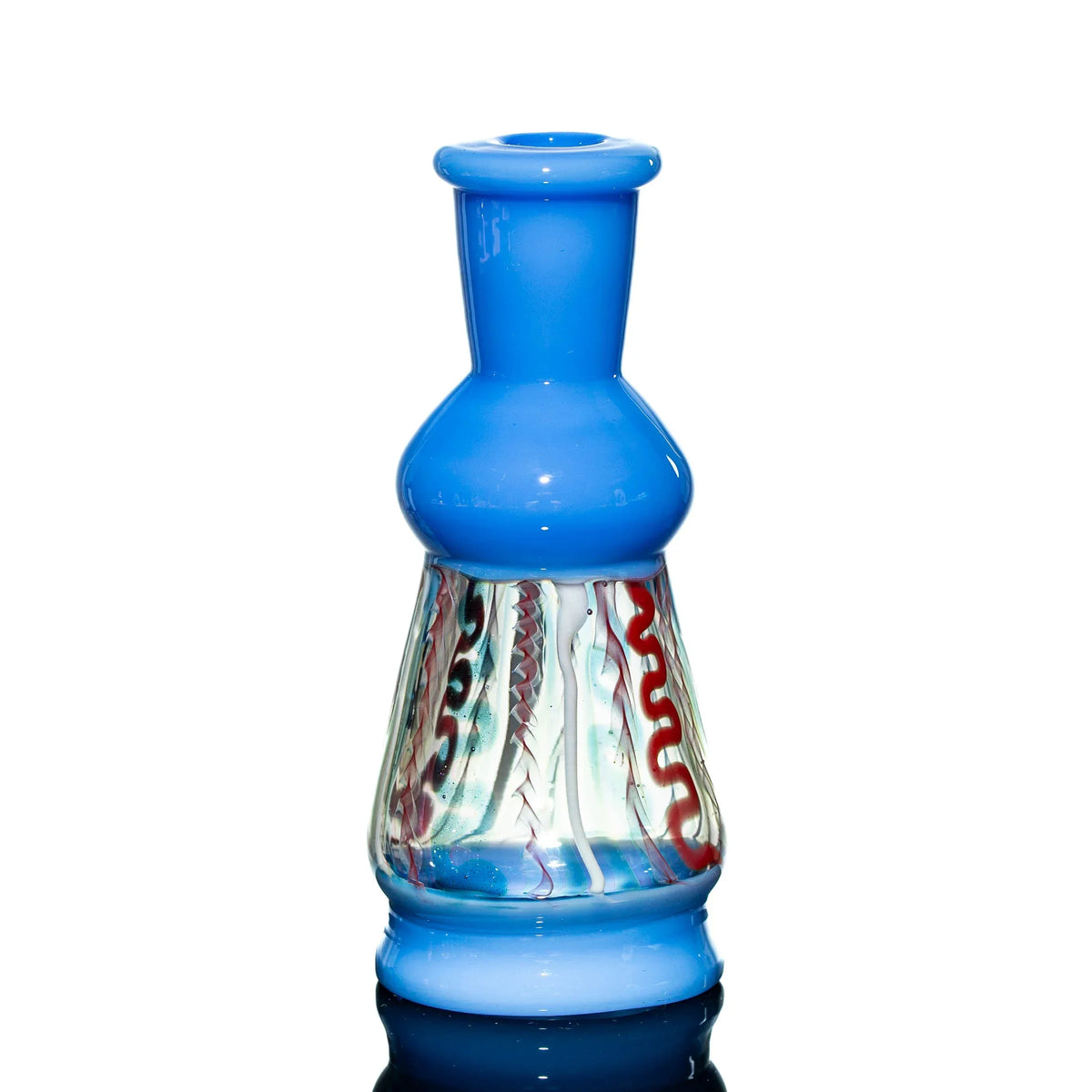 Blue glass water pipe with colorful swirled design on clear base, smoking accessory
