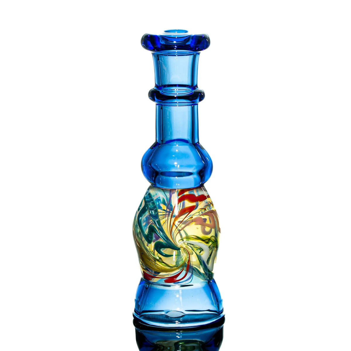 Blue glass water pipe with colorful swirl design for smoking, isolated on white background