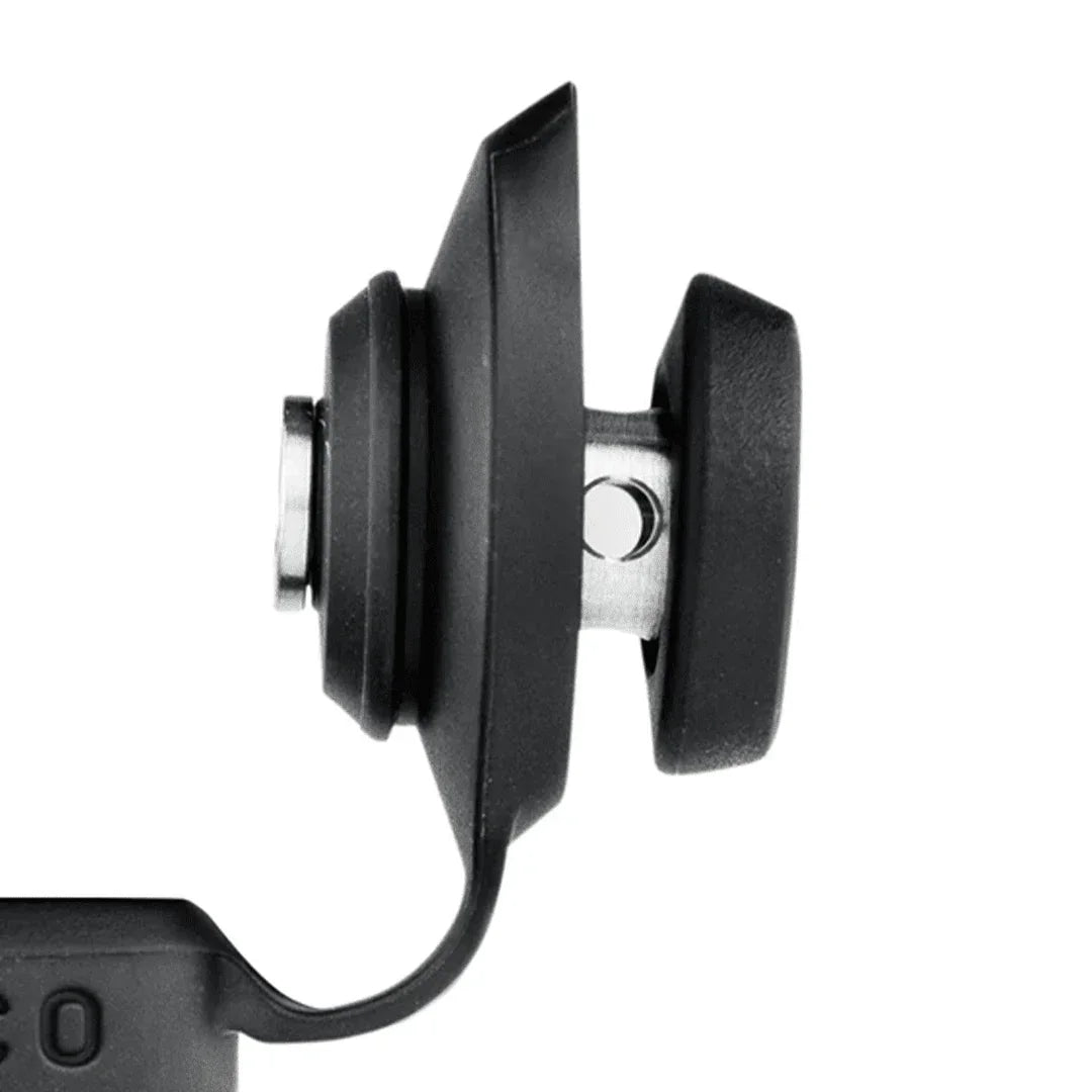 Black replacement atomizer chamber for vaporizer, side profile close-up view