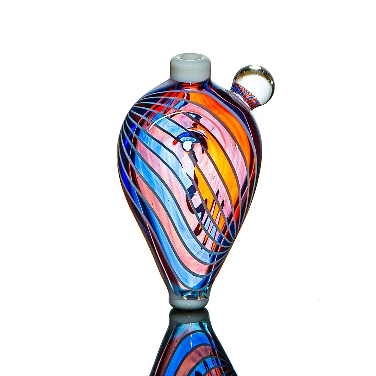 Colorful blown glass carb cap with swirling blue, pink, and orange stripes on white background