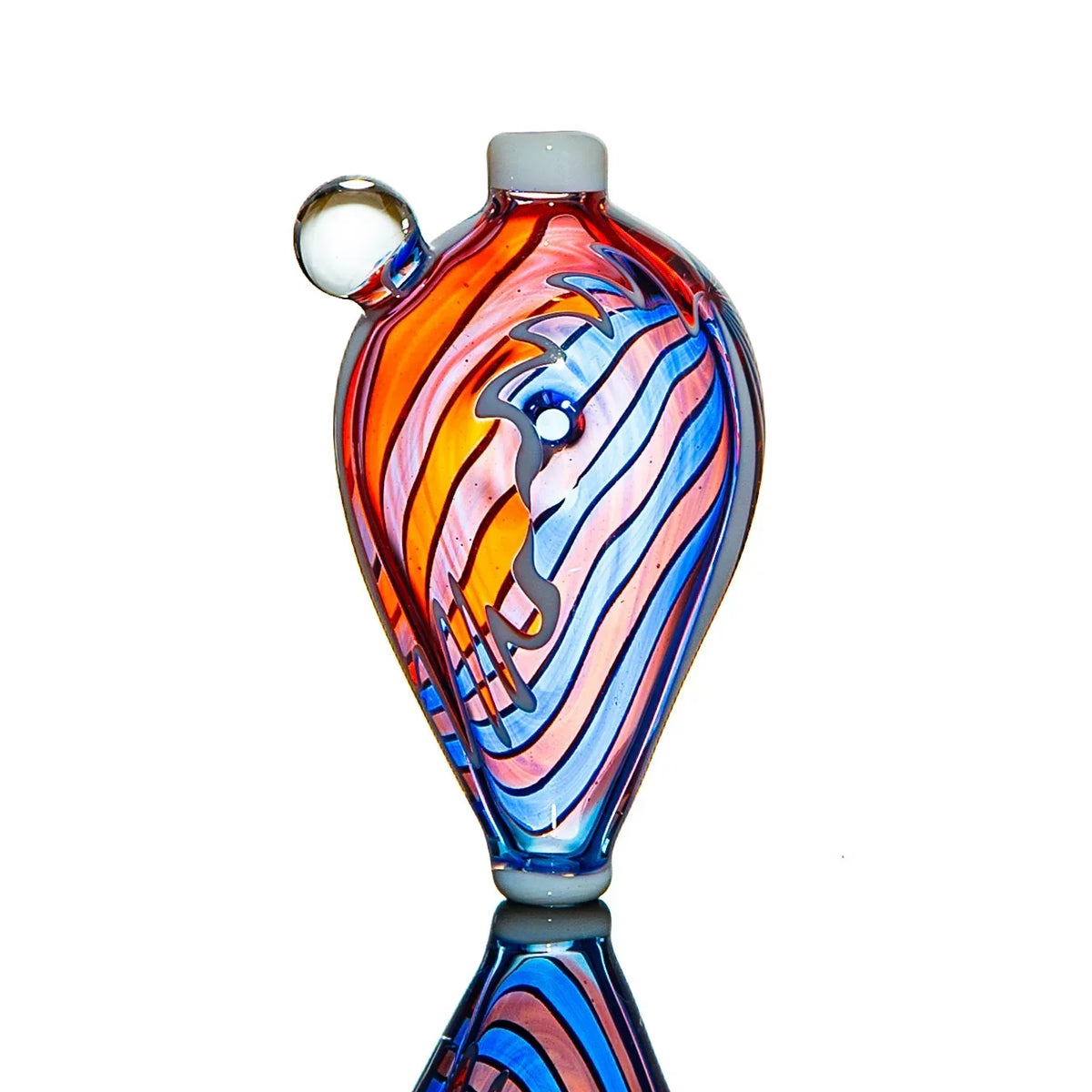 Heady glass art piece with colorful swirl patterns and horse design, isolated on white background.