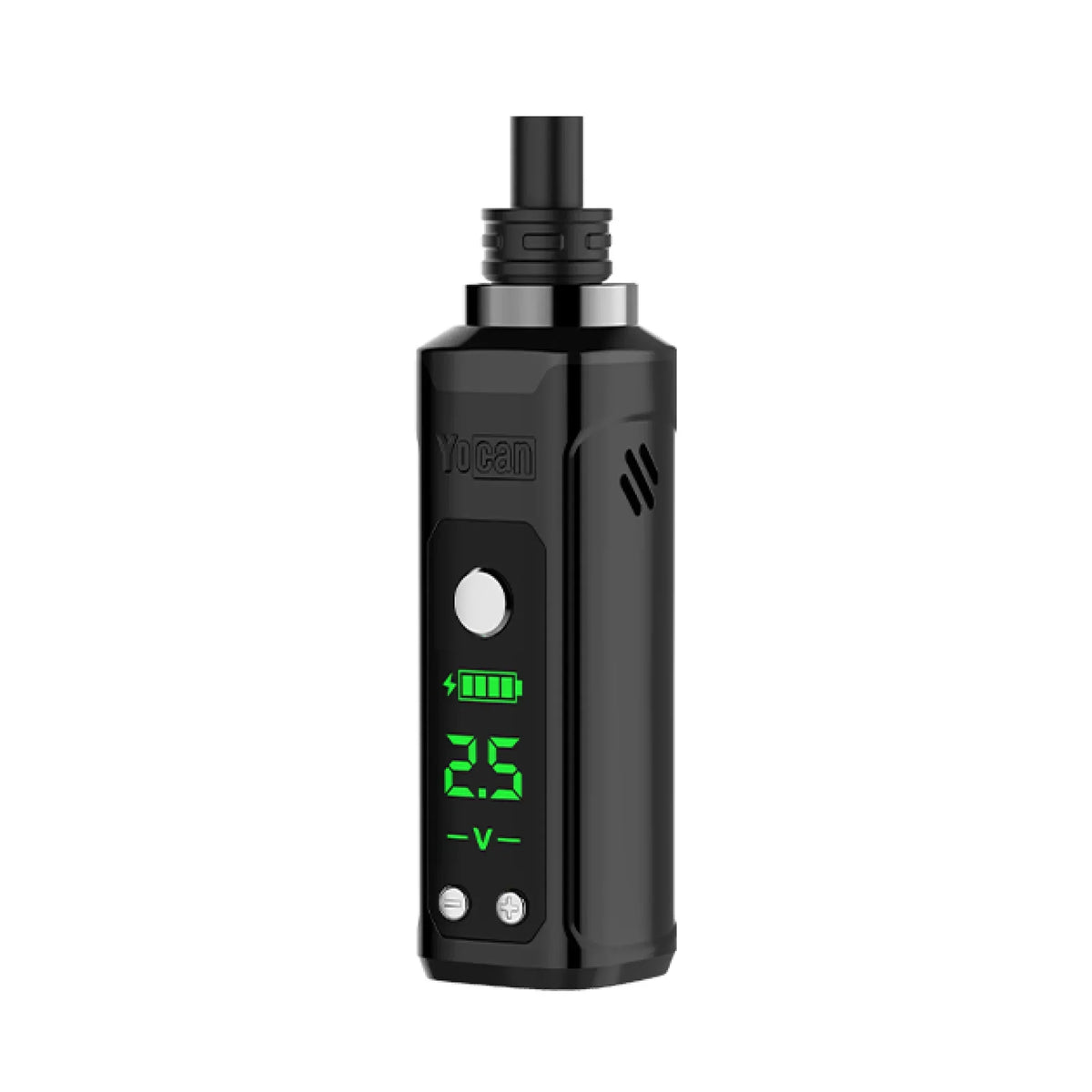 Black 510 vape pen vaporizer with green digital display and mouthpiece