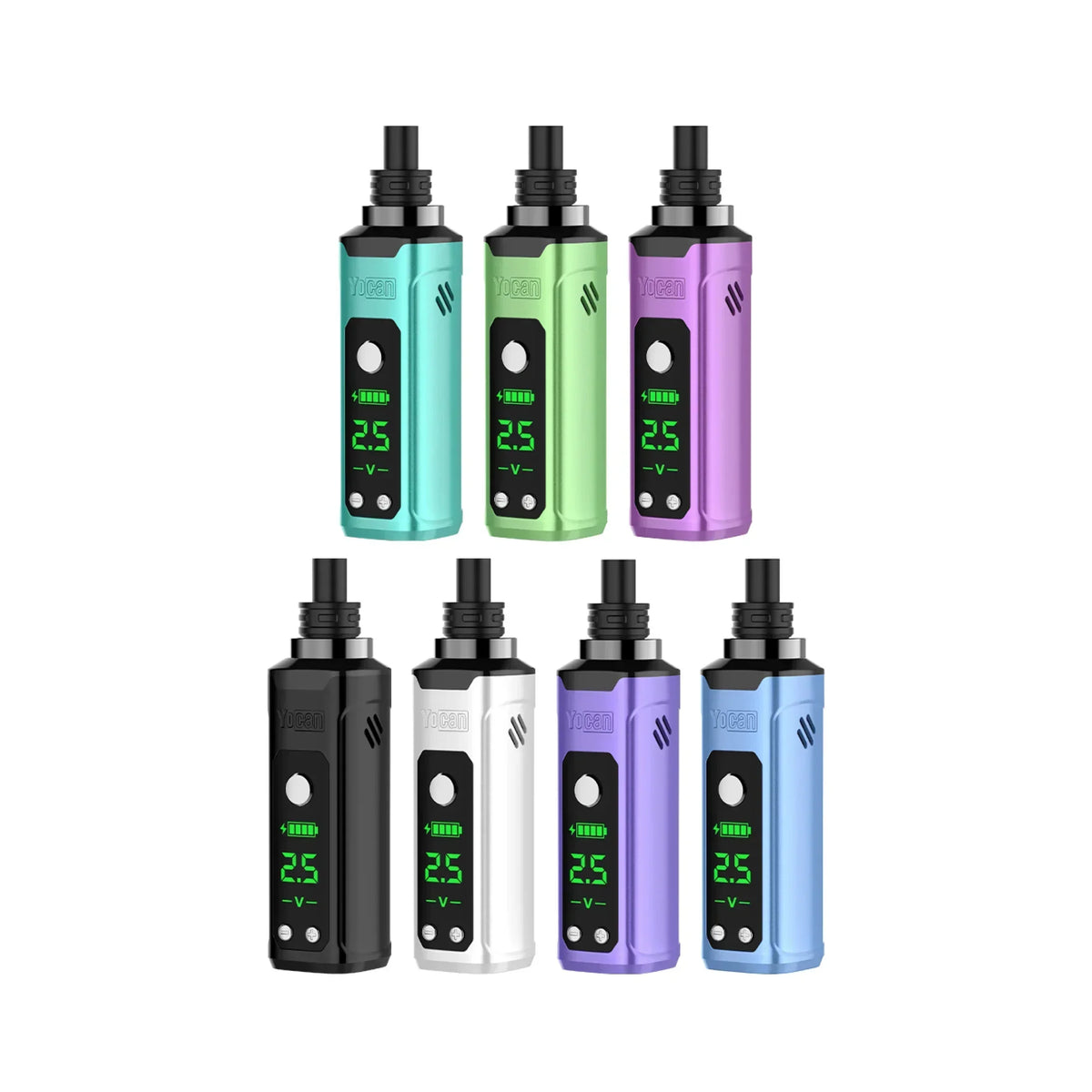 Colored Yocan Nestor 510 dab pen vaporizers with digital display in assorted finishes