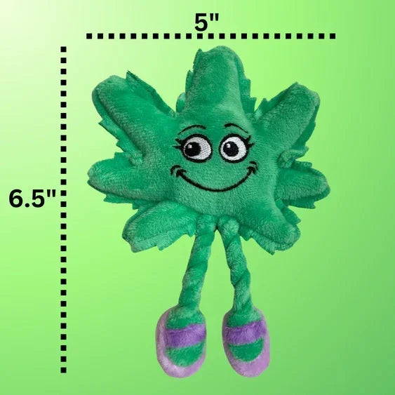 Plush smiling leaf toy with legs, 5 by 6.5 inches, on green background