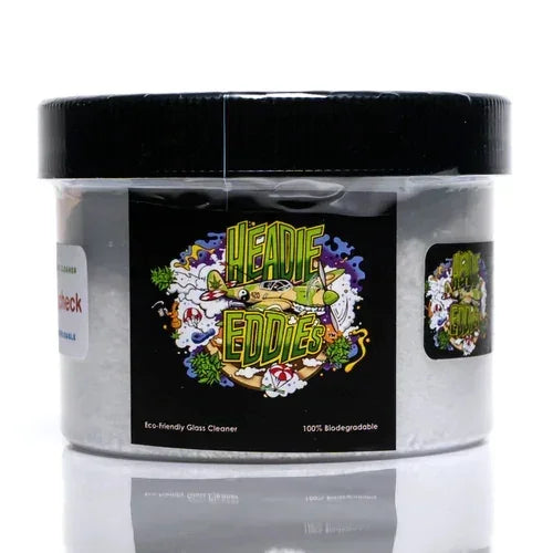 Heady Eddies eco-friendly glass cleaner jar with colorful label and black lid
