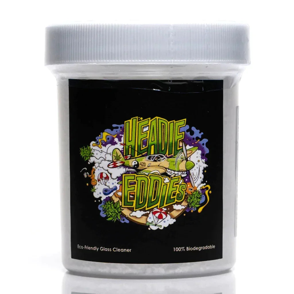 Heady Eddie's eco-friendly glass cleaner jar with colorful, cartoon label design