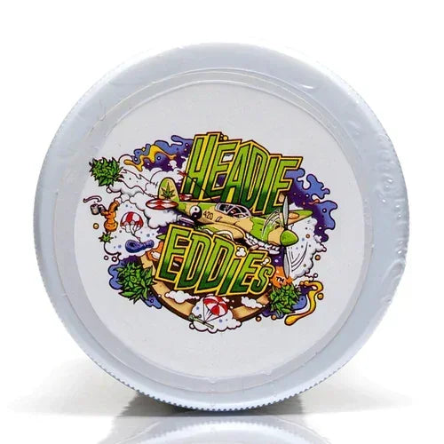 White container with colorful Headie Eddies airplane and cartoon smoke art on lid