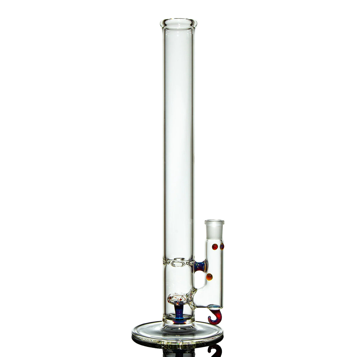 Clear glass bong with amber and purple accents, upright cylindrical design on a round base