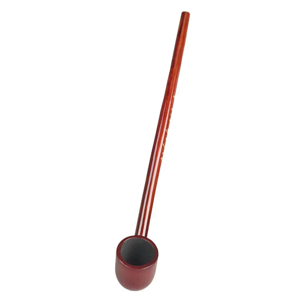 Long wooden smoking pipe with deep bowl, top view on white background