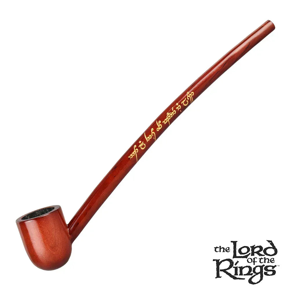 Long wooden smoking pipe with gold script and The Lord of the Rings logo on white background.