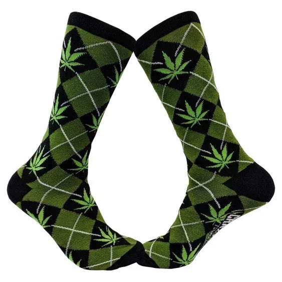 Green argyle socks with leaf pattern, black accents, novelty apparel accessory
