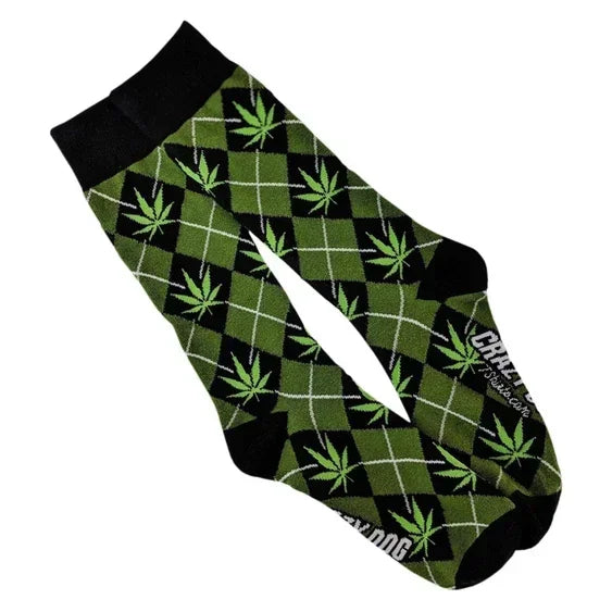 Green and black argyle socks with cannabis leaf pattern and black toe and heel accents