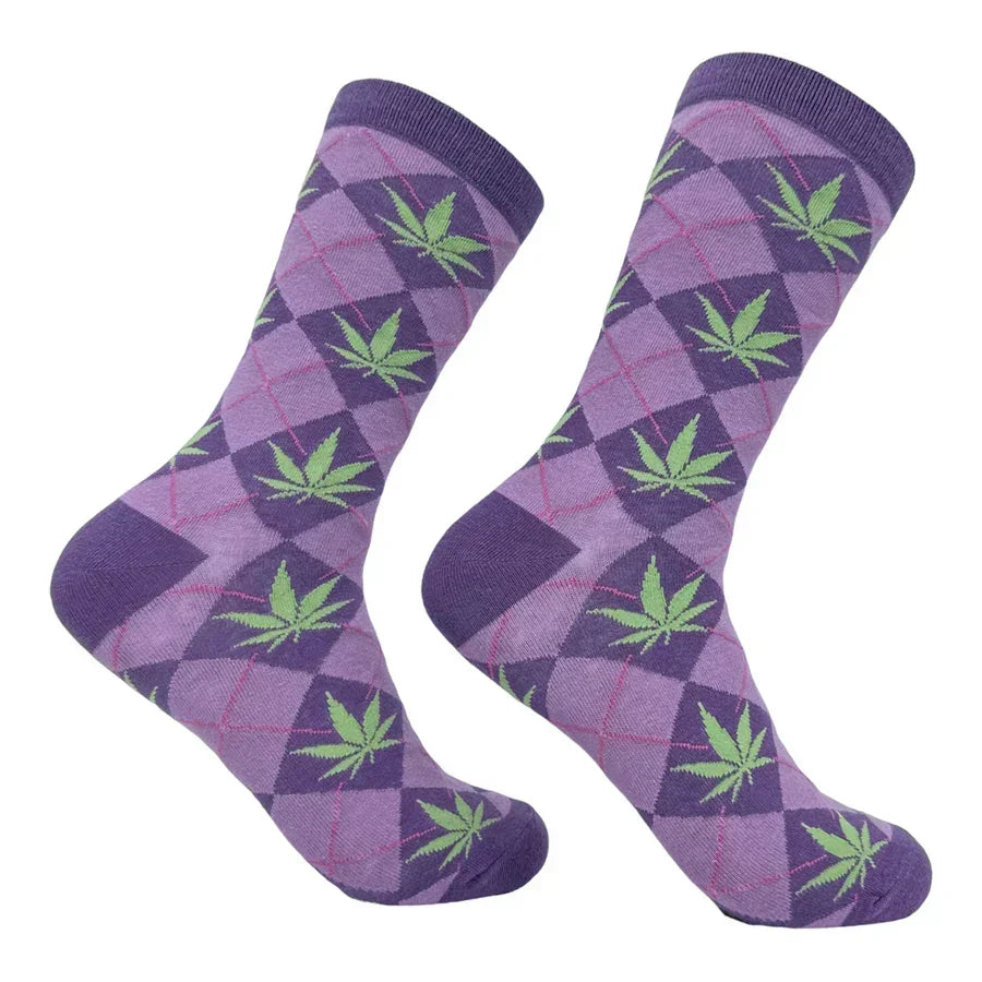 Purple argyle socks with green leaf pattern, trendy novelty accessory