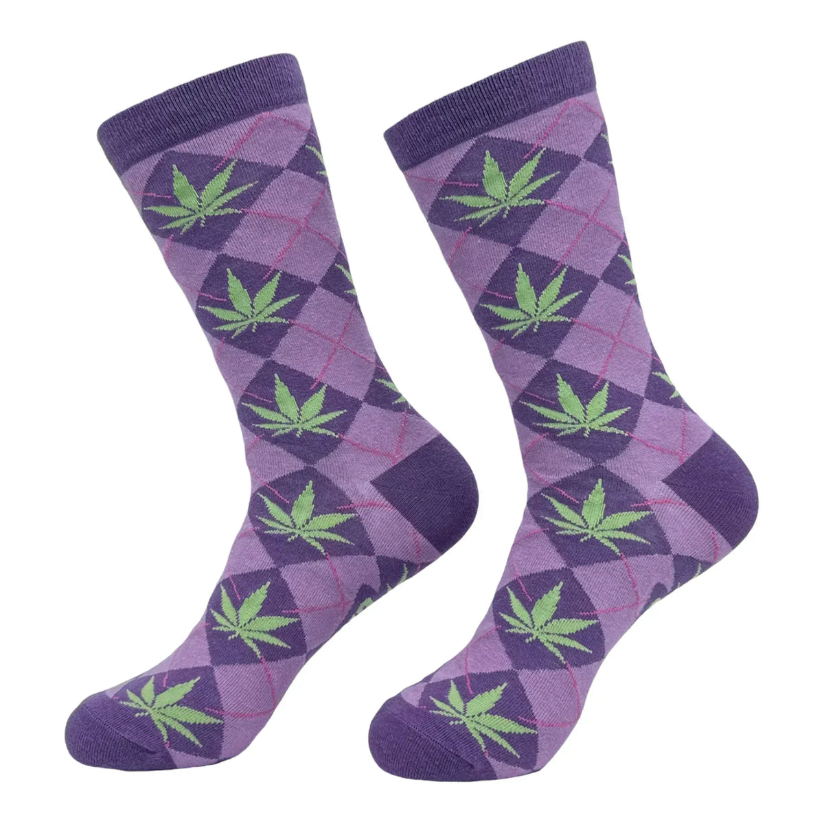 Purple argyle-patterned socks with green leaf design, novelty accessories