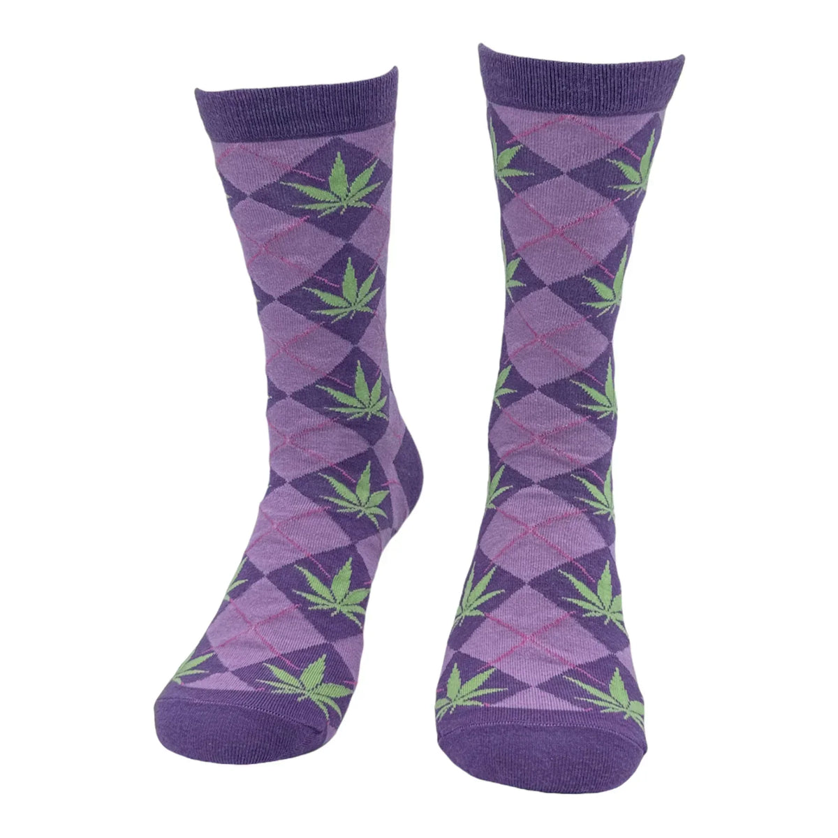 Purple argyle socks with green leaf pattern, novelty cannabis-themed accessories