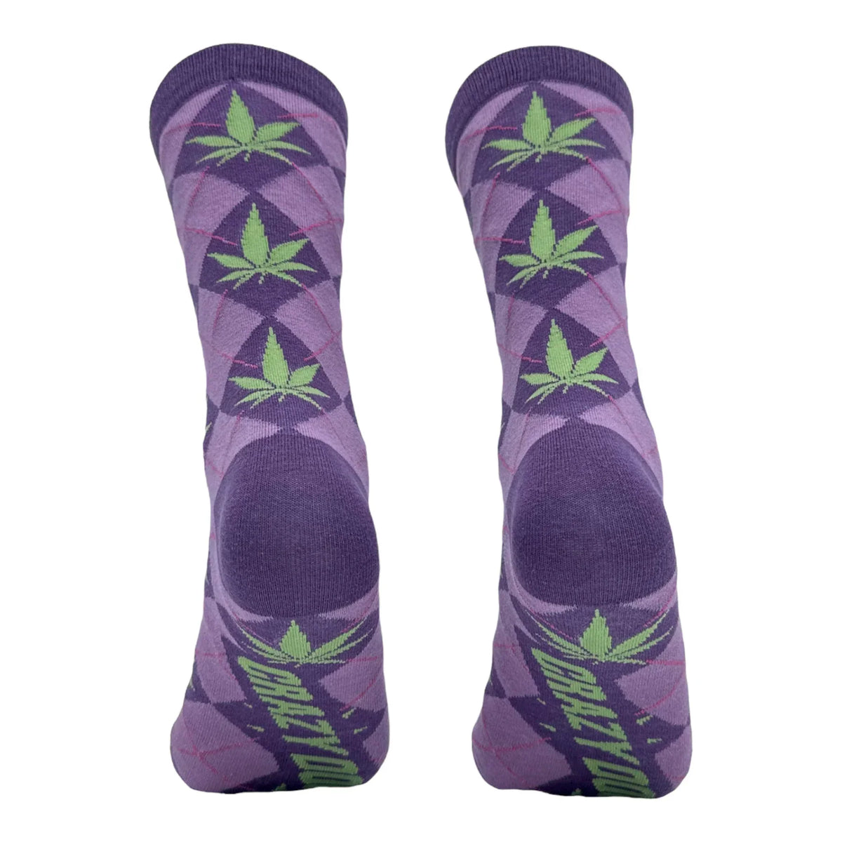 Purple argyle crew socks with green leaf design, novelty accessories
