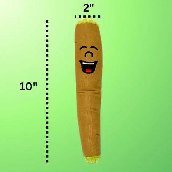 Plush joint toy with smiling face, 10 inch by 2 inch, on green background